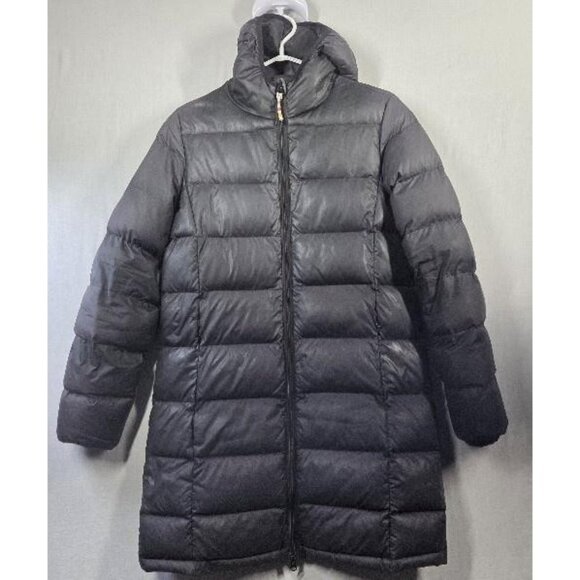 Hudson's Bay Coat Womens Small Black Long Puffer Hooded Down Striped Lightweight - Picture 1 of 16